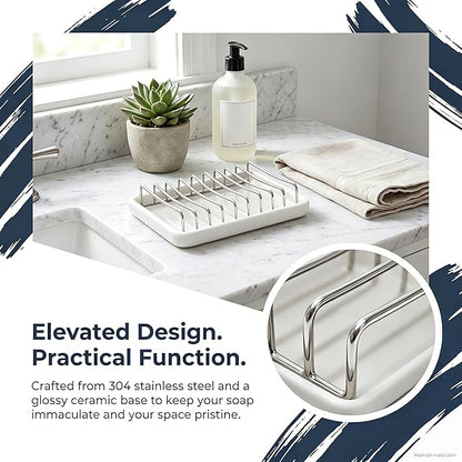 Ceramic Soap Dish with Stainless Steel Drain Tray Self Draining Soap Holder Sponge Holder Soap Dishes for Shower, Bathroom, Kitchen Sink