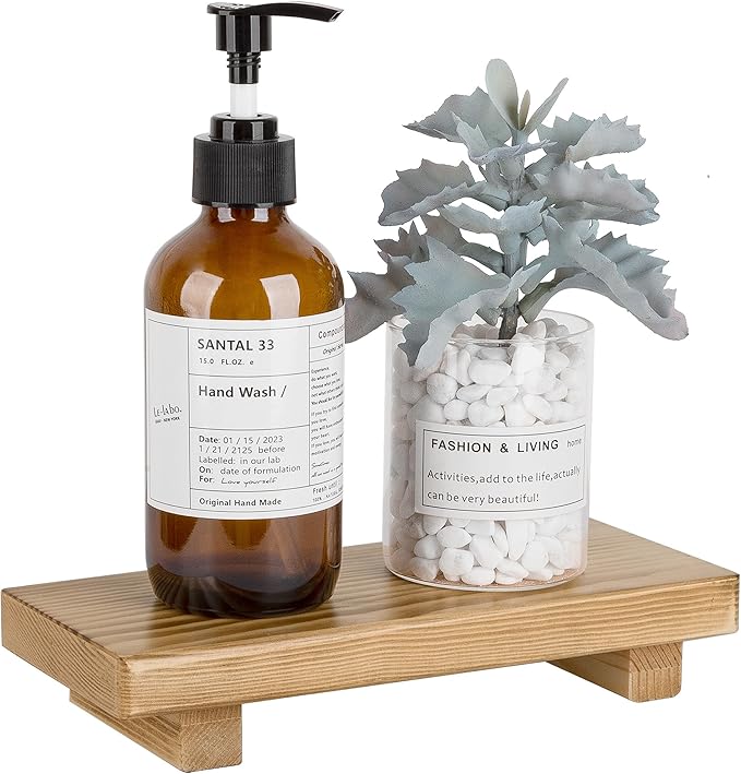 Bathroom Counter Organizer Wood Pedestal Stand Farmhouse Decorative Tray Soap Holder for Kitchen Decor, Small, Brown