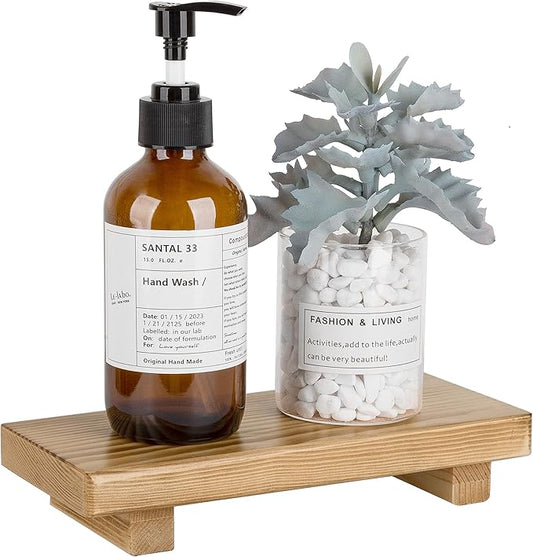 Bathroom Counter Organizer Wood Pedestal Stand Farmhouse Decorative Tray Soap Holder for Kitchen Decor, Small, Brown