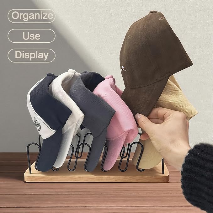 UdoUto Hat Organizer for Baseball Caps-2 PacK | Wood & Metal Hat Rack Holds 14 for Baseball Caps | Space-Saving Closet Shelf Organizer for Bedroom, Dresser, Entryway