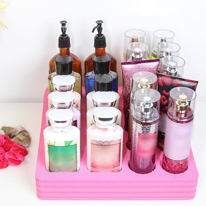 Polar Whale Lotion and Body Spray Stand Organizer Large Tray Pink Durable Foam Washable Waterproof Insert for Home Bathroom Bedroom Office 12.3 x 11.75 x 2 Inches 20 Slots