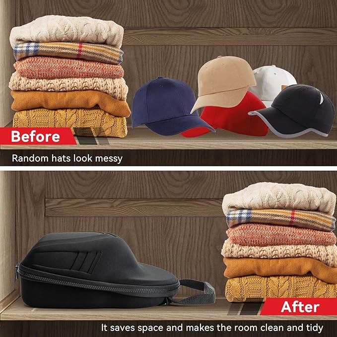 Hard Hat Case for Baseball Caps,Hat Carrier Travel Case with One Black Baseball Cap and Adjustable Shoulder Strap,Hat Organizer Holder Bag for 6 Baseball Caps for Women and Men,Black