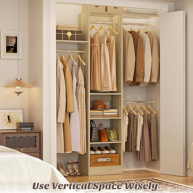 Besiost 48" Closet Organizer System, 4FT Closet System for Small Closets with 4 Hanging Rods & 3 Shelves, 80"H Small Closet Organizers and Storage for Bedrooms, Cloakrooms, White Oak