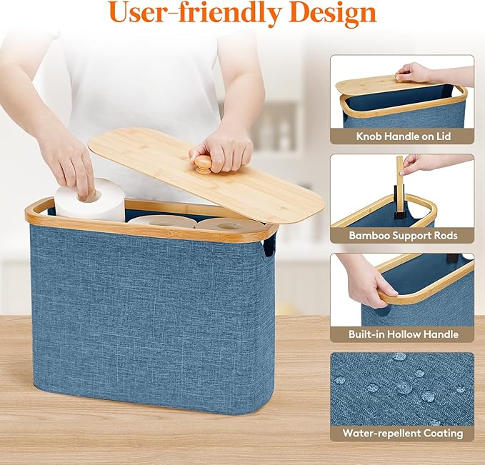 Lifewit Toilet Paper Storage Holder for 9 to 12 Rolls, Free Standing Toilet Paper Basket Stand with Bamboo Lid, Collapsible Fabric Bathroom Organizer Box for Mega Rolls, 23L, Large, Dark Blue