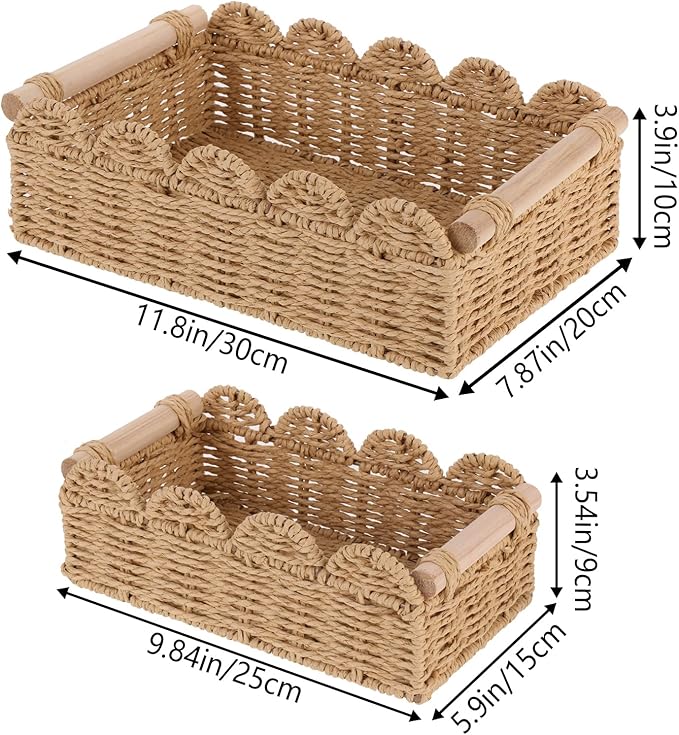 2 Set Paper Rope Scalloped Edge Decor Baskets for Toilet Tank Top, Living Room, Bedroom, End Table, Shelves with Wooden Handle, Both Small Items, Beauty Products, Cleaning Supplies