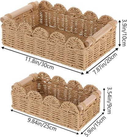 2 Set Paper Rope Scalloped Edge Decor Baskets for Toilet Tank Top, Living Room, Bedroom, End Table, Shelves with Wooden Handle, Both Small Items, Beauty Products, Cleaning Supplies