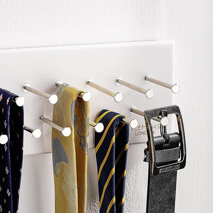 TreeHouse London Tie Rack Organizer – Holds 40 Large Ties – Solid Wood & Sturdy Metal Storage Holder for Closet – Wall Mounted Tie Display Hanger for Wall, Bedroom (White) 16''L x 4.25''H