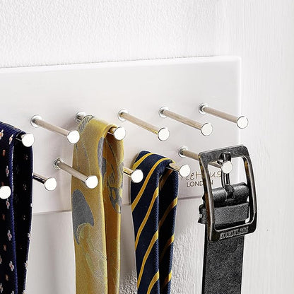 TreeHouse London Tie Rack Organizer – Holds 40 Large Ties – Solid Wood & Sturdy Metal Storage Holder for Closet – Wall Mounted Tie Display Hanger for Wall, Bedroom (White) 16''L x 4.25''H