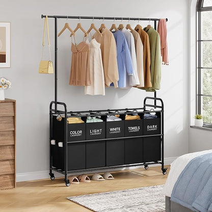 Tajsoon Laundry Sorter with Hanging Rack, 5 Sections Laundry Sorter with Lockable Wheels and Removable Bag, Removable Basket Organizer for Bedroom, Bathroom, Black