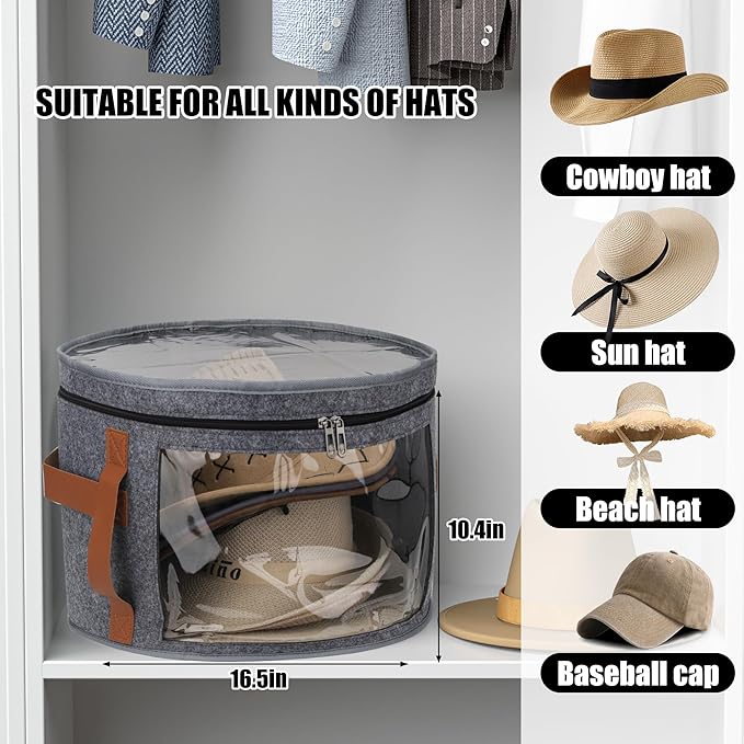 Veki Hat Organizer, Hat Box for Women Storage, Large Clear Felt Hats Box, Wide Brim Cowboy Hats Storage Boxes for Men, Round Brim Cap Boxes With Dustproof Lid for Travel and Wardrobe (Grey)
