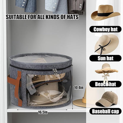 Veki Hat Organizer, Hat Box for Women Storage, Large Clear Felt Hats Box, Wide Brim Cowboy Hats Storage Boxes for Men, Round Brim Cap Boxes With Dustproof Lid for Travel and Wardrobe (Grey)