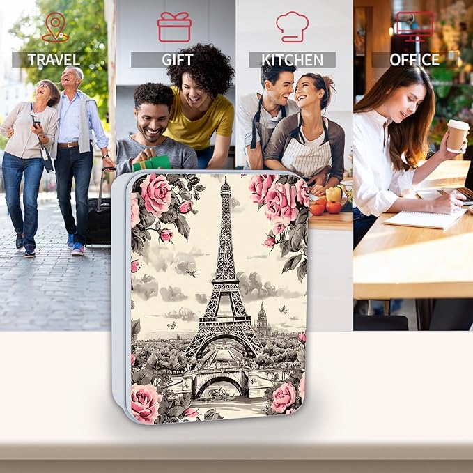 Metal Tin Box Sturdy Metal Storage Box with Lid, Eiffel Tower Rose Large Container Holder for TCG Cards, Car Keys, Cookies, Tin Containers for Gift, 5.0x3.7x1.6 Inch, Exquisite Pattern Design
