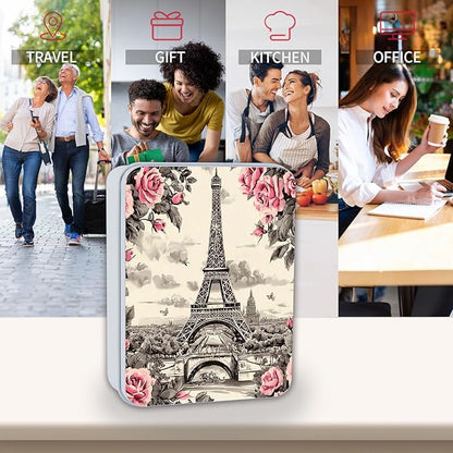 Metal Tin Box Sturdy Metal Storage Box with Lid, Eiffel Tower Rose Large Container Holder for TCG Cards, Car Keys, Cookies, Tin Containers for Gift, 5.0x3.7x1.6 Inch, Exquisite Pattern Design