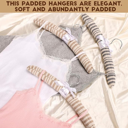 12 Pack Cotton Stripe Padded Hangers for Sweaters, 16 Inch Extra Large Rustic Style Non-Slip Coat Hangers for Women Clothing, Dresses, Lingerie, No Shoulder Bumps, Closet Organizer (Beige)