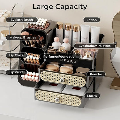 Makeup Organizer for Vanity with Brush Holder, Large Capacity Bathroom Countertop Skincare Organizer with 2 Drawers, Cosmetic Display Case for Perfumes, Eyeshadow Palettes, Nail Polishes