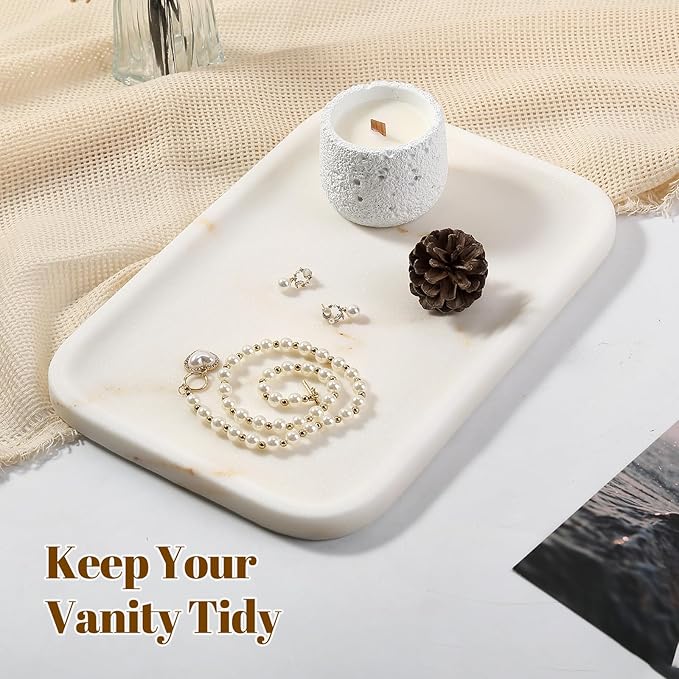 Koville Marble Tray, 12"x8" Natural Marble Vanity Tray for Countertop Bathroom Kitchen Dresser, Decorative Catchall Trays for Perfume Jewelry, Rectangular Stone Serving Tray(Golden Calacatta)