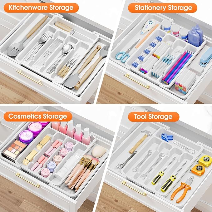 SpaceHacks Silverware Organizer，Adjustable & Expandable Utensil Drawer Organizer, BPA Free Utensil Holder, Cutlery Tray for Forks, Spoons, Knives in Kitchen, Medium, White