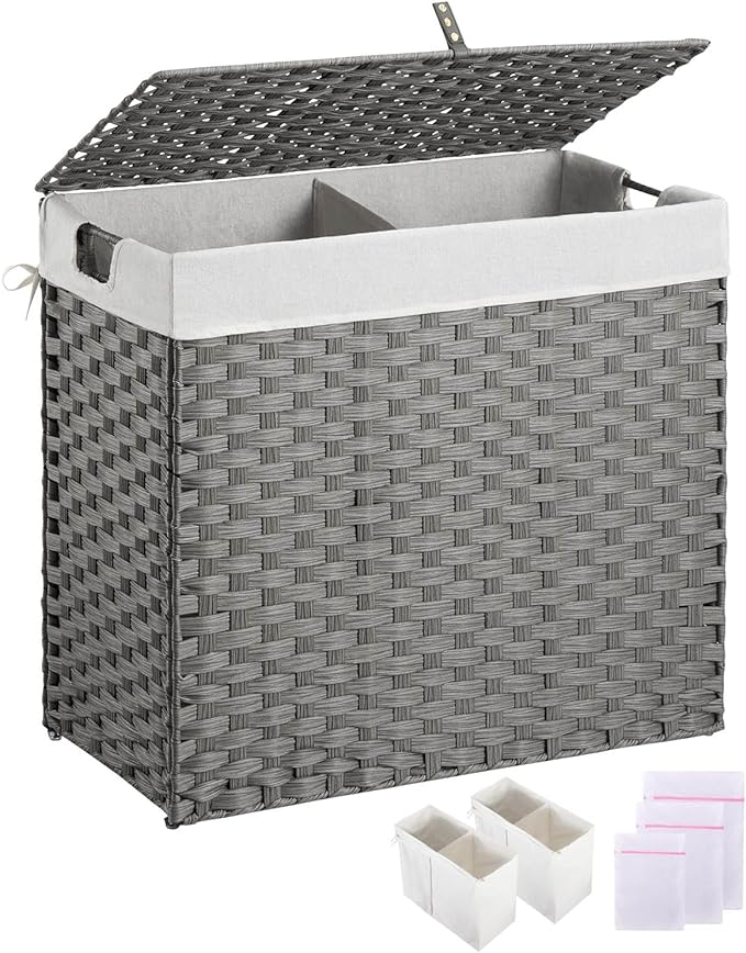 Greenstell Laundry Hamper with lid, No Install Needed, 130L Wicker Laundry Baskets Foldable 2 Removable Liner Bags, 2 Section Clothes Hamper Handwoven Rattan Laundry Basket with Handles, Gray