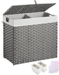 Greenstell Laundry Hamper with lid, No Install Needed, 130L Wicker Laundry Baskets Foldable 2 Removable Liner Bags, 2 Section Clothes Hamper Handwoven Rattan Laundry Basket with Handles, Gray