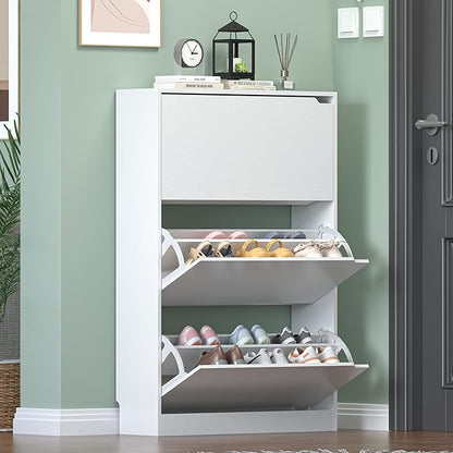 HUANLEGO Shoe Cabinet for Entryway, White Shoe Storage Cabinet with Doors 3 Flip Drawers Hidden Shoe Cabinet Modern Shoe Rack Storage Organizer for Entryway,Closet, Living Room,Hallway