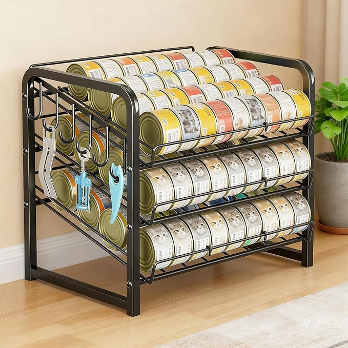 Iron Cat Food Container, Can Organizer for Pantry, Pet Food Storage Containers, 3-Tier Can Stackable Storage Rack with 6 Fixed Hooks, Canned Goods Organizer for Countertop Kitchen Cabinet, Black