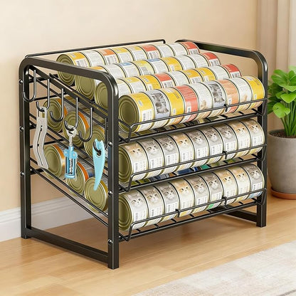 Iron Cat Food Container, Can Organizer for Pantry, Pet Food Storage Containers, 3-Tier Can Stackable Storage Rack with 6 Fixed Hooks, Canned Goods Organizer for Countertop Kitchen Cabinet, Black