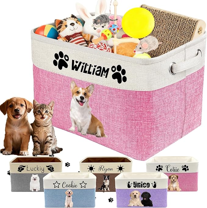 Personalized Dog Cat Toy Storage Basket with Pet's Name Custom Foldable Storage Box with Handles for Blankets Pet Stuff, Toys, Clothes