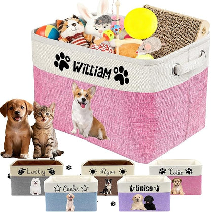 Personalized Dog Cat Toy Storage Basket with Pet's Name Custom Foldable Storage Box with Handles for Blankets Pet Stuff, Toys, Clothes