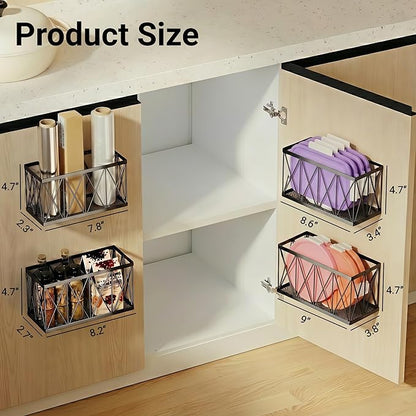 4 Pack Cabinet Door Organizer, Adhesive Inside Cabinet Door Storage for Kitchen Bathroom, Lid Organizer Compatible with Tupperware Pyrex, Wall Mounted Basket for Pantry Under Sink, Black