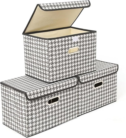 STOREONE Fabric Storage Cube Bins Foldable Organizer Container Collapsible Basket with Lids and Metal Handles, for Home, Bedroom, Closet 3 Pcs (Houndstooth)