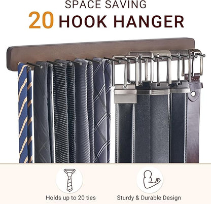 Mkono Tie Rack Wall Mounted Belt Hanger Holder Rustic Wood Tie Organizer for Men Closet Max up 20 Storage for Ties Belts Scarf