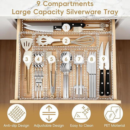 Expandable Silverware Organizers for Kitchen Drawer, Clear Utensil Drawer Organizer Tray, Adjustable Cutlery Flatware Holder for Spoon Fork Knife, Plastic Spatula Tools Gadgets Storage Divider