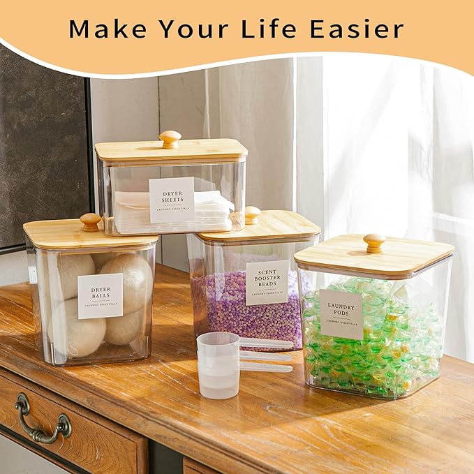 3+1 Pack Laundry Pods Container & Dryer Sheet Holder, Acrylic Square Laundry Room Organization and Storage Jars with Wooden Lids & Labels for Powder, Scent Booster, Detergent