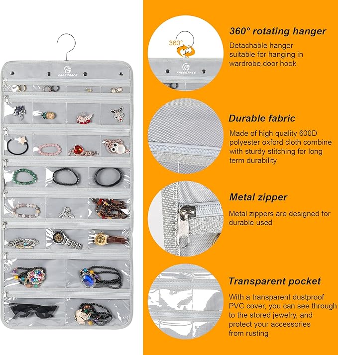 Freegrace Hanging Jewelry Organizer with Secure Zipper Closure - 360° Revolving Hanger, 25 Clear Pockets, 23 Necklace Hooks - Foldable Travel Storage & Closet Display (Gray)