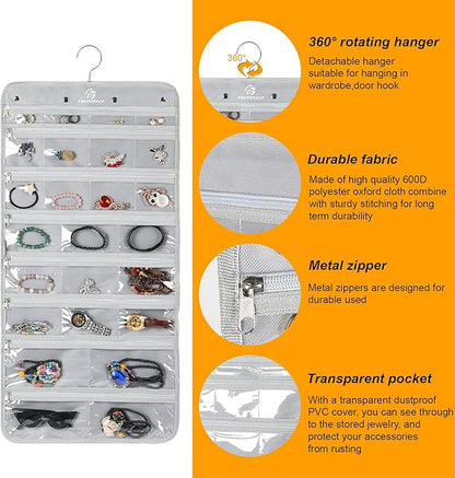 Freegrace Hanging Jewelry Organizer with Secure Zipper Closure - 360° Revolving Hanger, 25 Clear Pockets, 23 Necklace Hooks - Foldable Travel Storage & Closet Display (Gray)