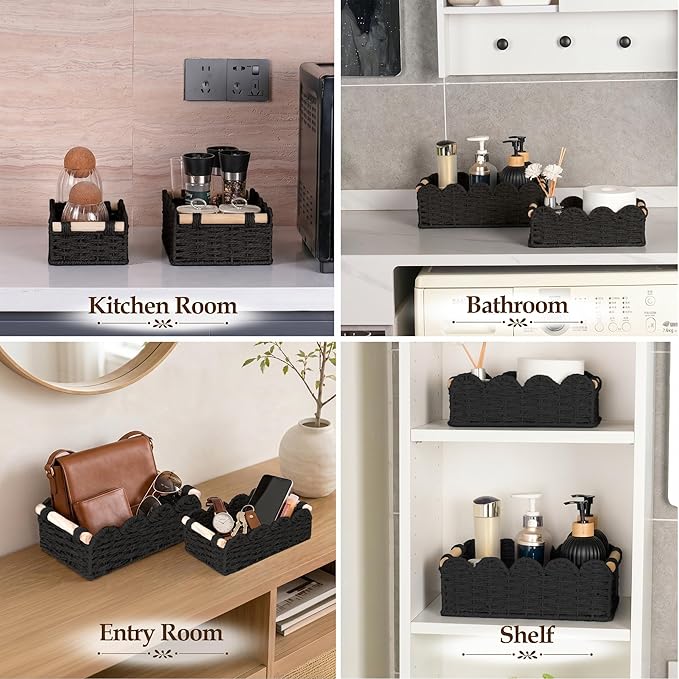 iEGrow Paper Rope Small Storage Baskets for Organizing, Set of 2 Scalloped Edge Wicker Basket with Wooden Handles Toilet Paper Basket for Over Toilet Storage Shelf, Home Decor, Living Room (Black)
