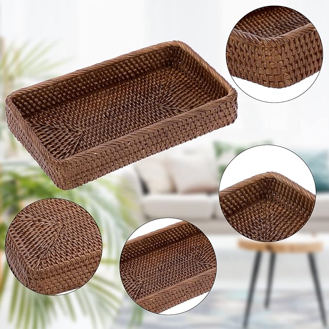 Sumnacon 10 Inch Rattan Bathroom Vanity Tray - Decorative Wicker Toilet Tank Tray for Paper Hand Towel, Vintage Storage Basket Bin for Bathroom Kitchen Toilet Tank Vanity Countertop Table Shelf, Brown