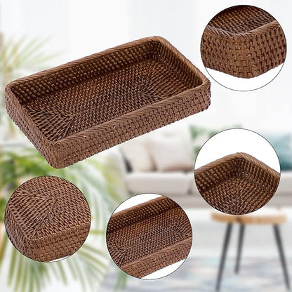 Sumnacon 10 Inch Rattan Bathroom Vanity Tray - Decorative Wicker Toilet Tank Tray for Paper Hand Towel, Vintage Storage Basket Bin for Bathroom Kitchen Toilet Tank Vanity Countertop Table Shelf, Brown