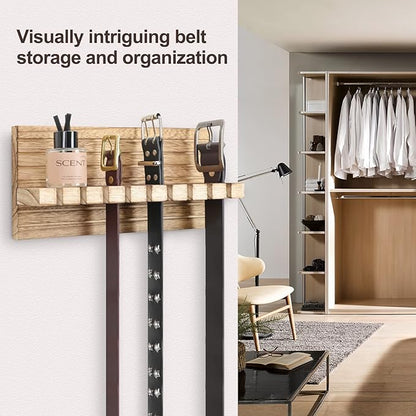 Belt Organizer for Closet, Belt Hanger Wall Mounts to Hold 9 Belts Without Slipping, Space Saving Belt Rack for Closet Organization Includes Mounting Hardware (11.8” x 5.5” x 2.5”) (Wood)