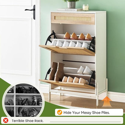 Entryway Shoe Cabinet with 2 Flip Drawers, Slim Freestanding Wooden Shoe Organizer with Linen Front Panels, Space-Saving Closed Shoe Rack for Hallway, Foyer, or Small Apartment(White)