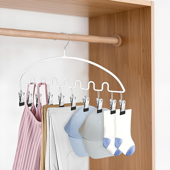 Legging Organizer for Closet,Metal Wave Design Pants Hanger with 10 Clips 7 Hooks, Closet Storage for Pants, Skirts, Hats (White, 4Pack)