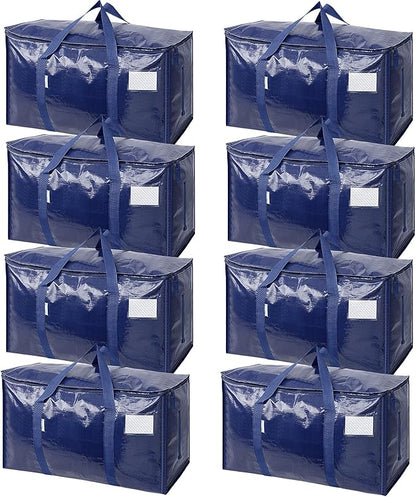 TICONN 8 Pack Extra Large Moving Bags Heavy Duty with Zippers & Carrying Handles, Durable Storage Bags Moving Boxes for Closet Organizers and Storage (8 Pack, Navy)