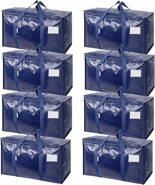 TICONN 8 Pack Extra Large Moving Bags Heavy Duty with Zippers & Carrying Handles, Durable Storage Bags Moving Boxes for Closet Organizers and Storage (8 Pack, Navy)