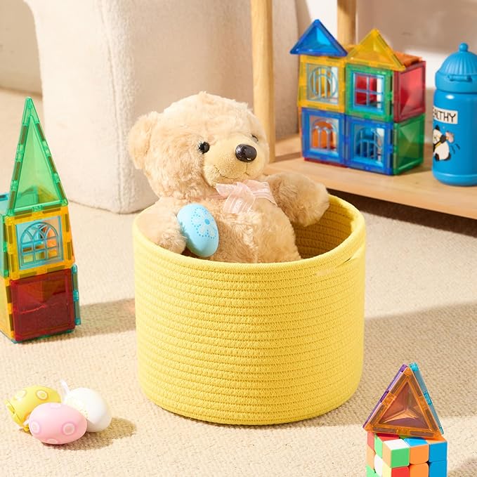 MiniArk Small Basket for Organizing | Cube Shelf Closet Storage Baskets | 9.7×9.7×7.1” | Woven Rope Gift Basket | Nursery | Round 3 Packs Yellow