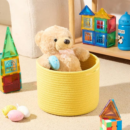 MiniArk Small Basket for Organizing | Cube Shelf Closet Storage Baskets | 9.7×9.7×7.1” | Woven Rope Gift Basket | Nursery | Round 3 Packs Yellow
