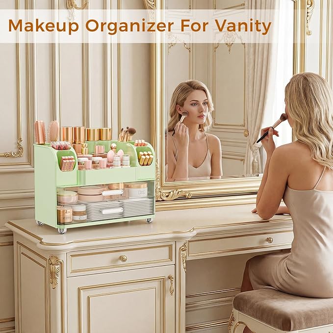 Makeup Organizer for Vanity with Brush Holder, Large Bathroom Countertop Organizer & Skincare Storage | Perfume, Cosmetics Display Case with Drawers (Green)