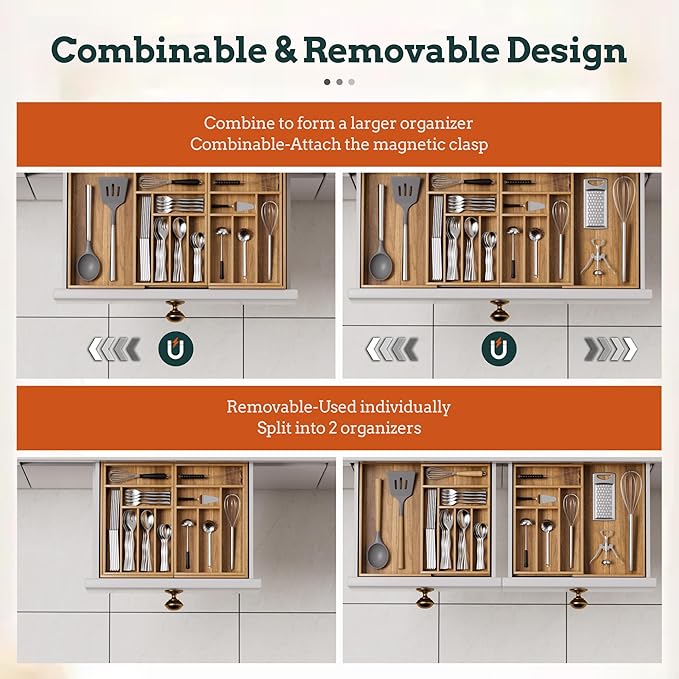 Silverware Organizer Large, Magnetic Connected Expandable 13 Slots Silverware Drawer Organizer From 21 to 37.4 Inches, Adjustable Flatware and Cutlery Holder, Bamboo Utensil Tray for Kitchen Acacia