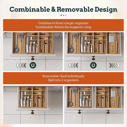 Silverware Organizer Large, Magnetic Connected Expandable 13 Slots Silverware Drawer Organizer From 21 to 37.4 Inches, Adjustable Flatware and Cutlery Holder, Bamboo Utensil Tray for Kitchen Acacia