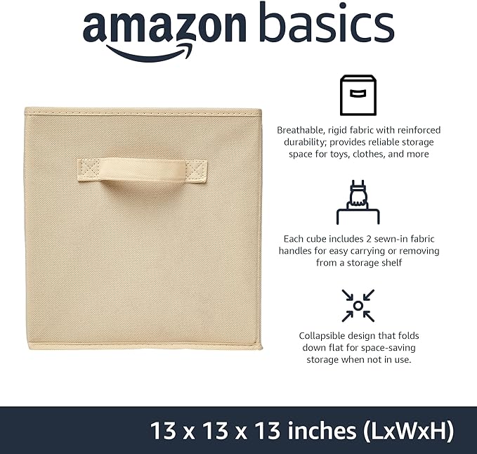 Amazon Basics Collapsible Fabric Storage Cube Bins Organizer with Handles for Organization and Organizing Solution, 13"x13"x13", Beige, 6-Pack