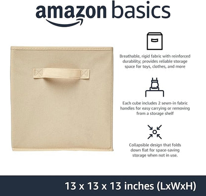 Amazon Basics Collapsible Fabric Storage Cube Bins Organizer with Handles for Organization and Organizing Solution, 13"x13"x13", Beige, 6-Pack
